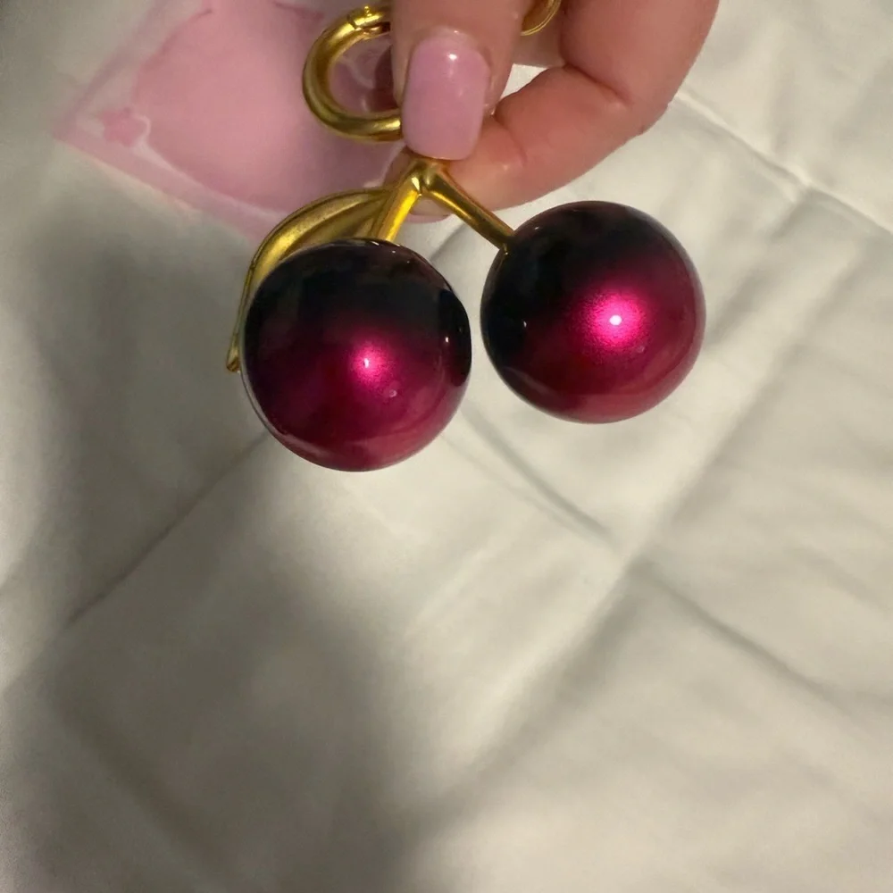 Bag Charm Gold and Red Ombré Cherry Key Fob/Bag charm with dangling heart ♥️